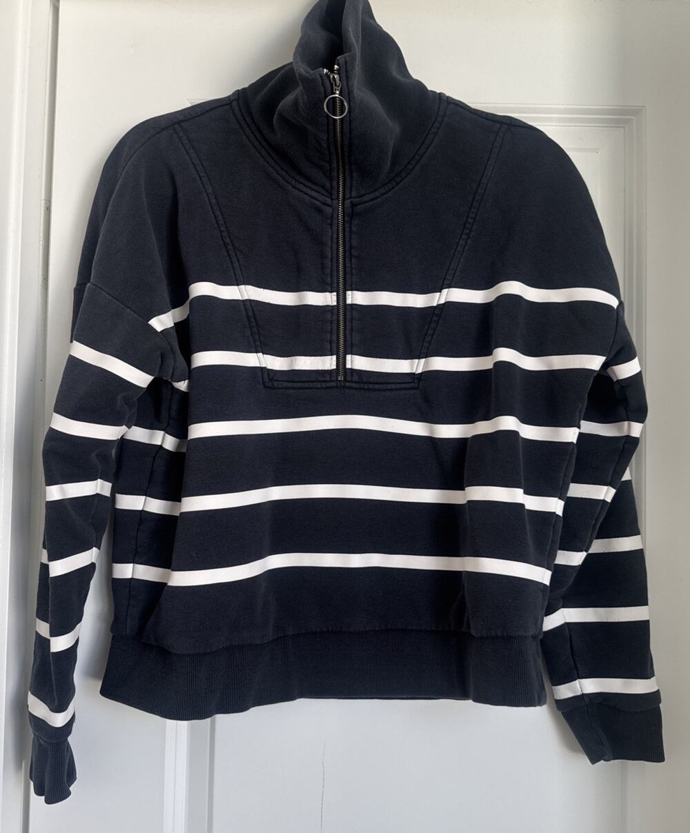 CARBON38 Breton Stripe French Terry 1/2 Zip Women’s Black White Sweatshirt Small